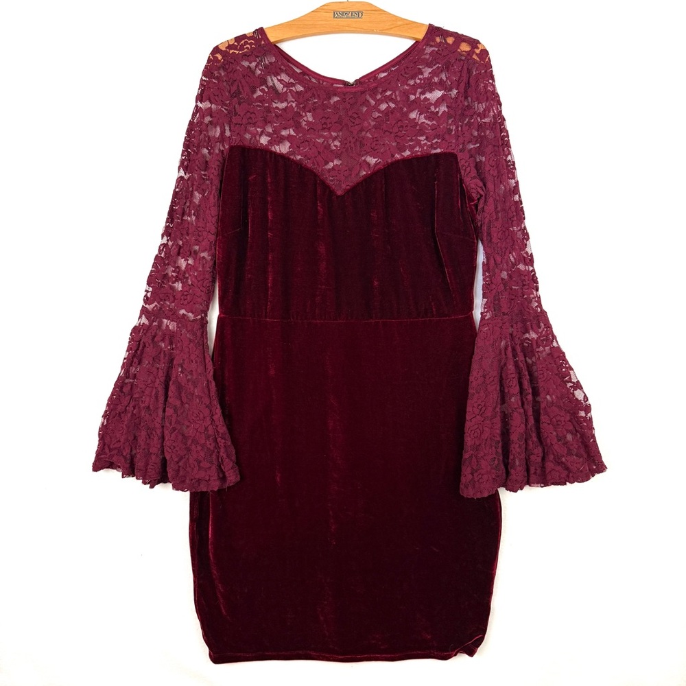 Symphony Burgundy Velvet & Lace Bell Sleeve Bodycon Fitted Dress Plus Size 1XL